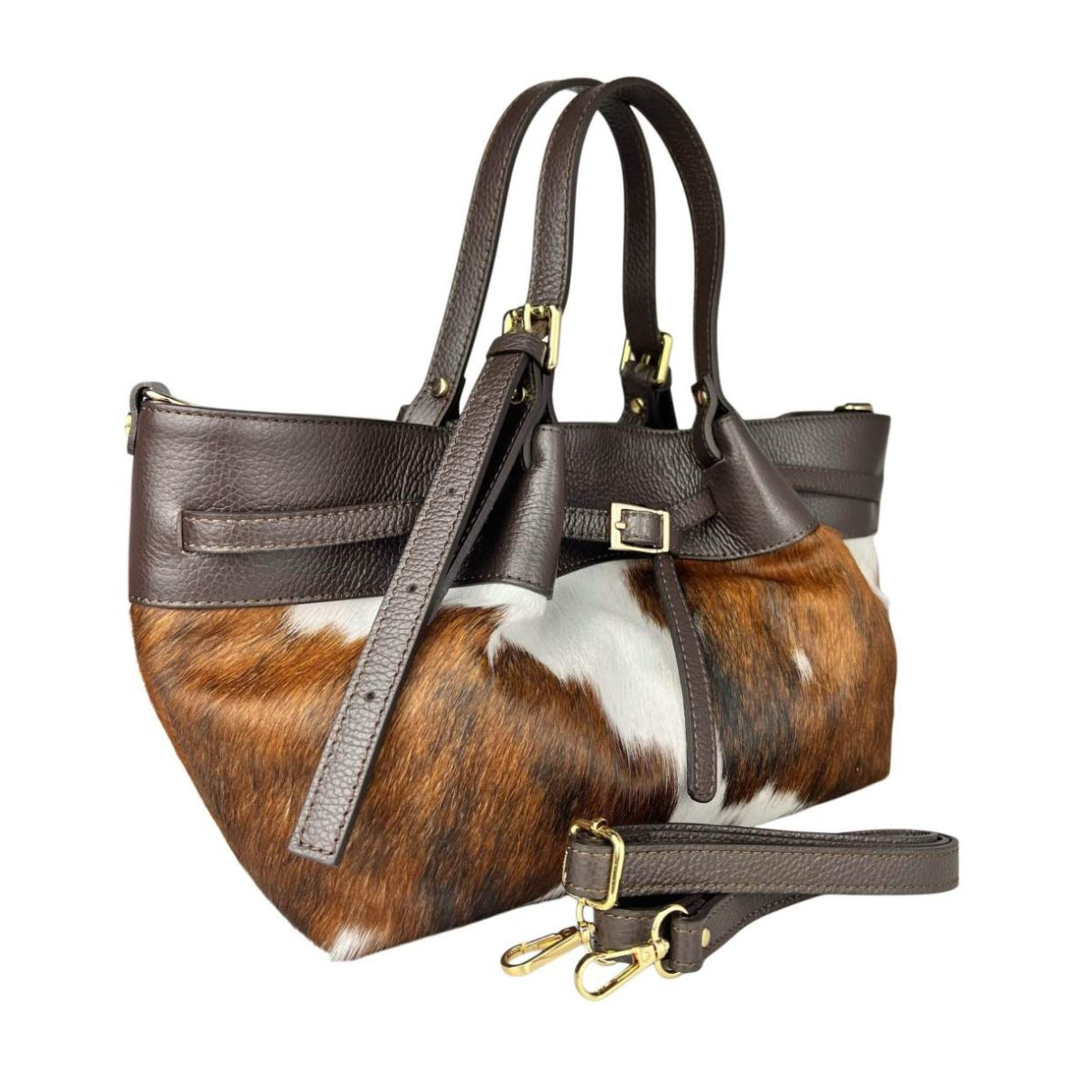 MI638 Cow Print Pony Hair Belted Tote Bag
