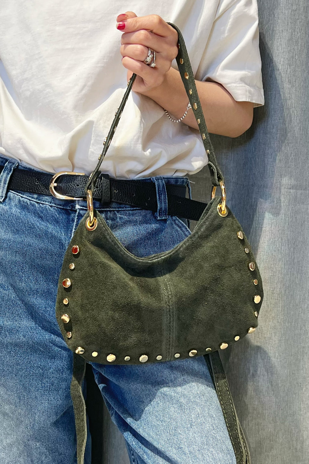ZZ111 Khaki Studded Suede Handbag