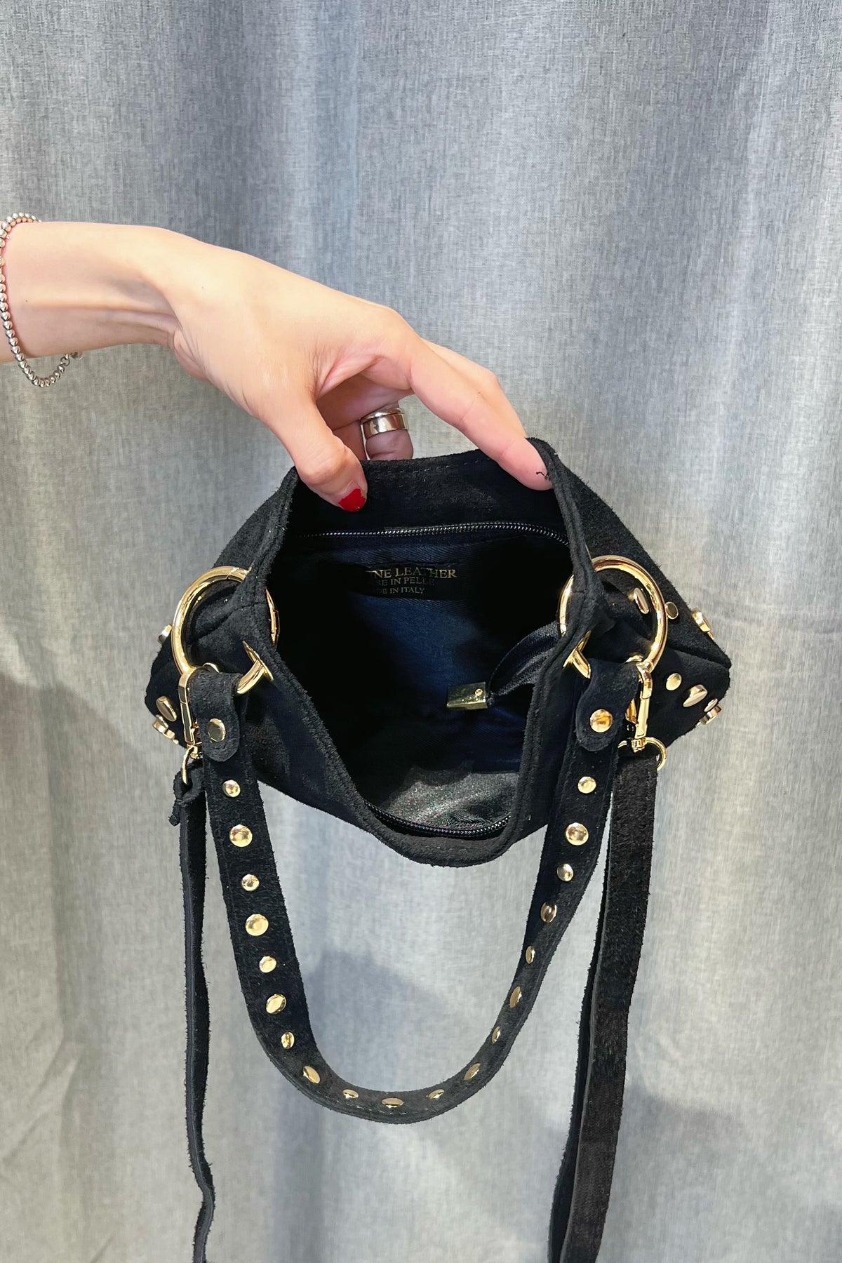 ZZ114 Black Studded Suede Handbag