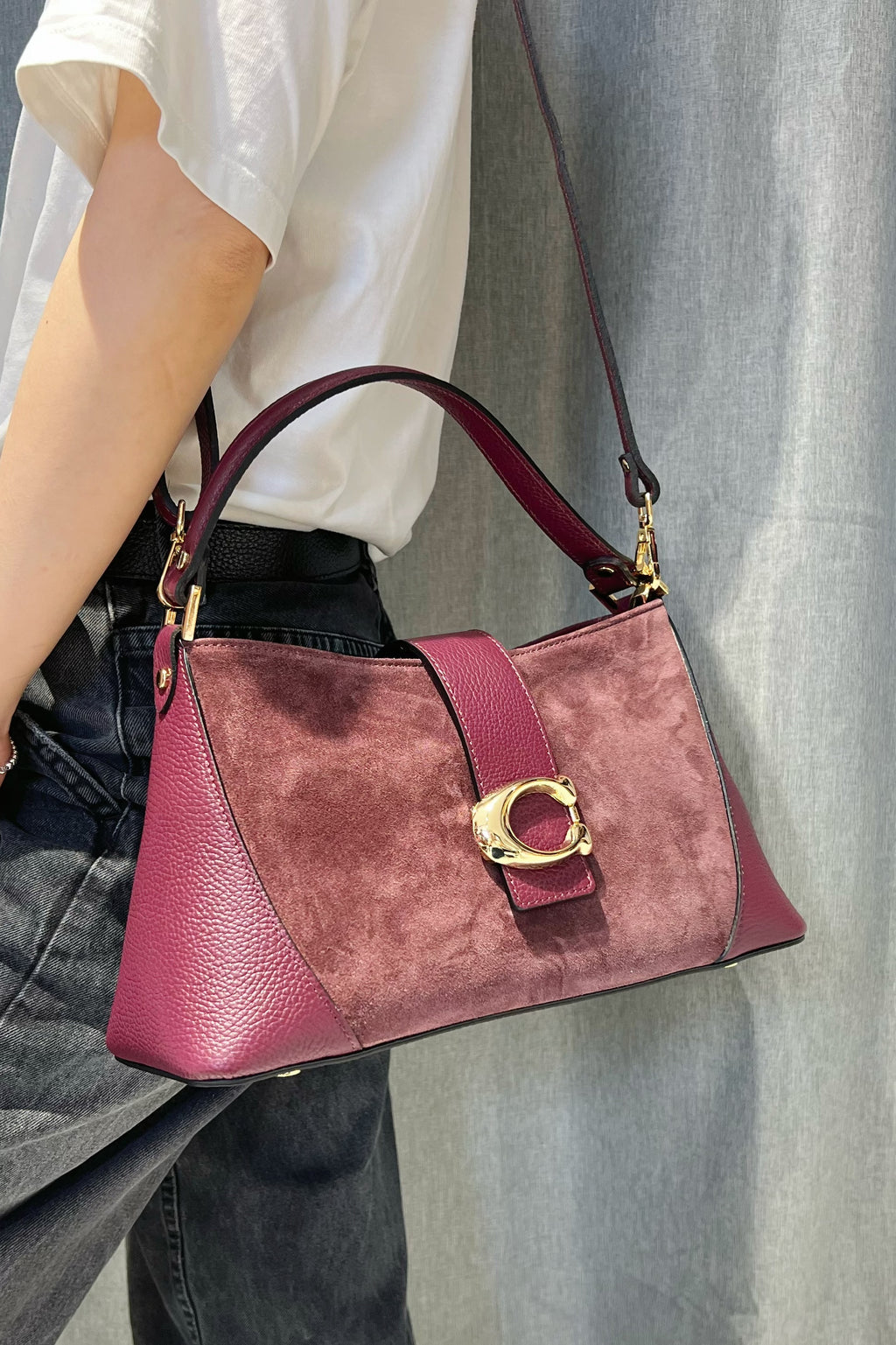ZZ170 Burgundy Leather Suede Shoulder Bag