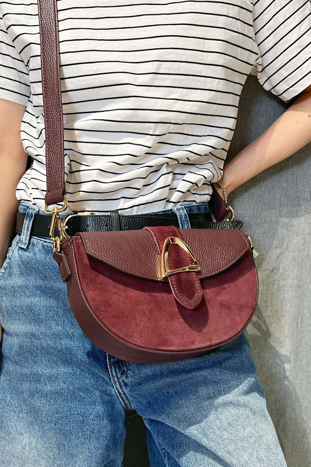 ZZ116 Burgundy Leather Suede Crossbody Bag