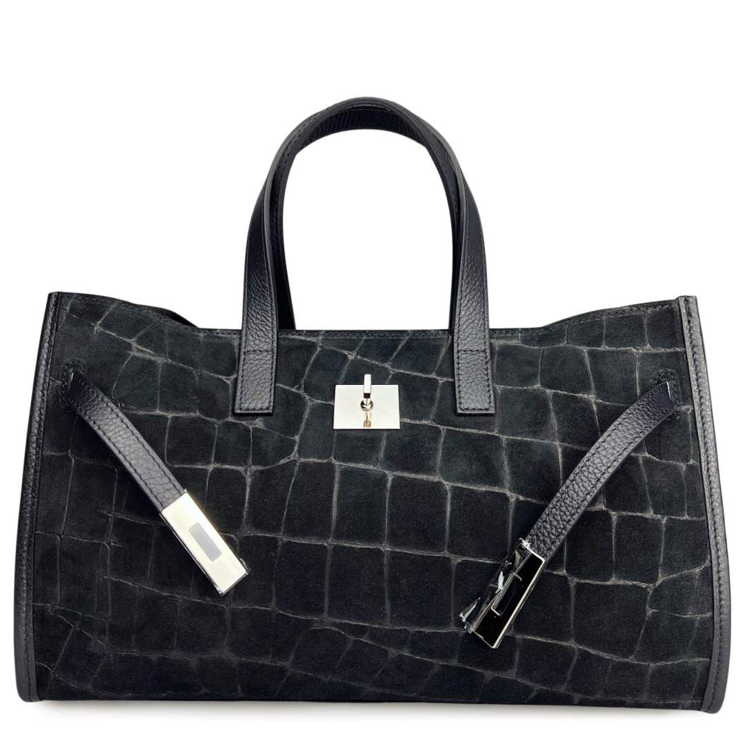 Mi131 Black Croco-Print Suede Tote