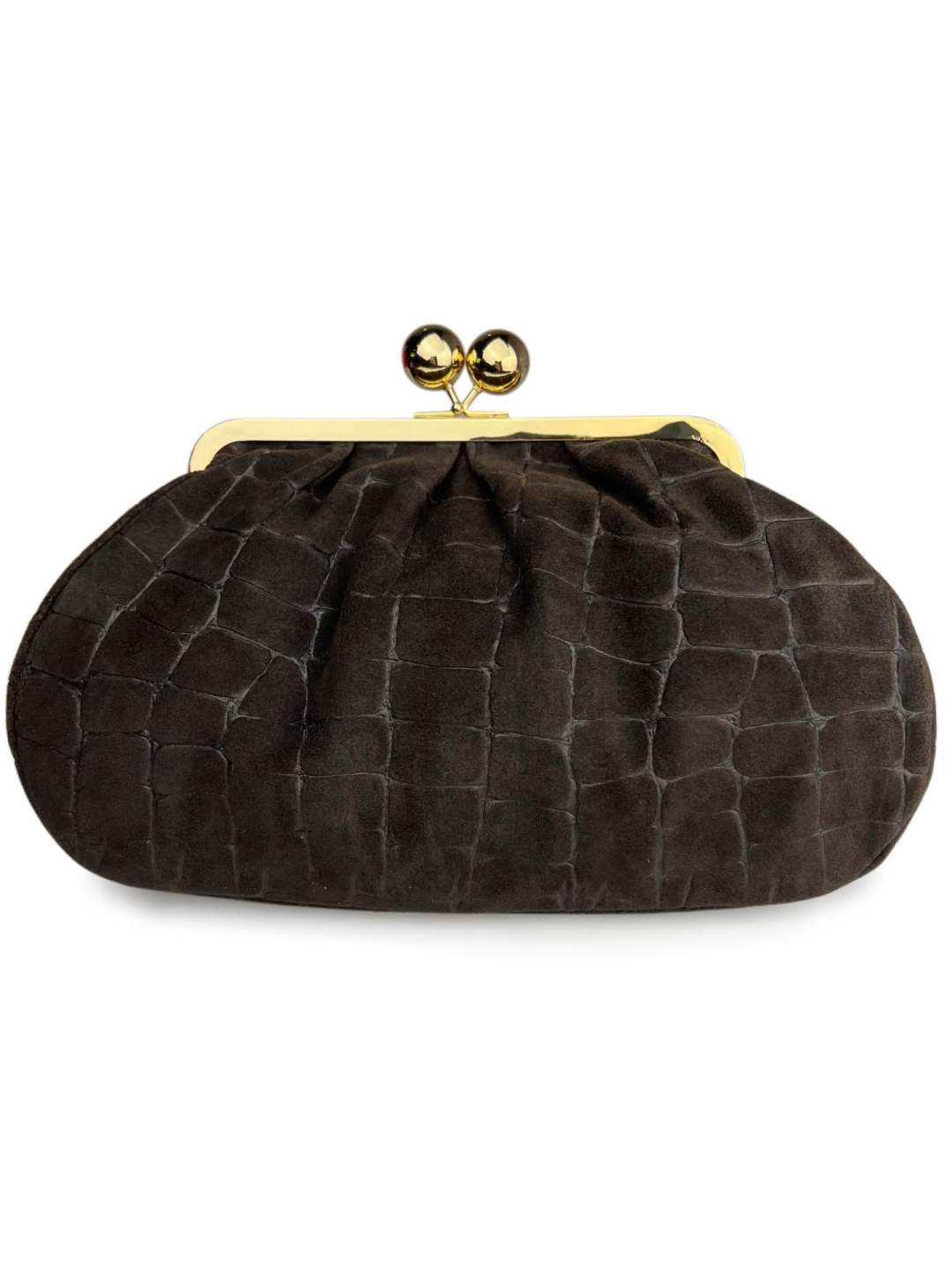 Mi273 Dark Brown Suede Croco-Print Clip Clutch