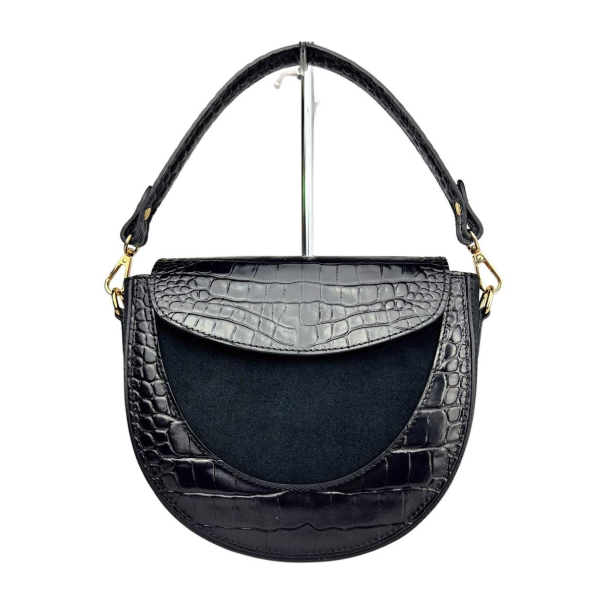 MI621 Black Suede Croc Saddle Bag