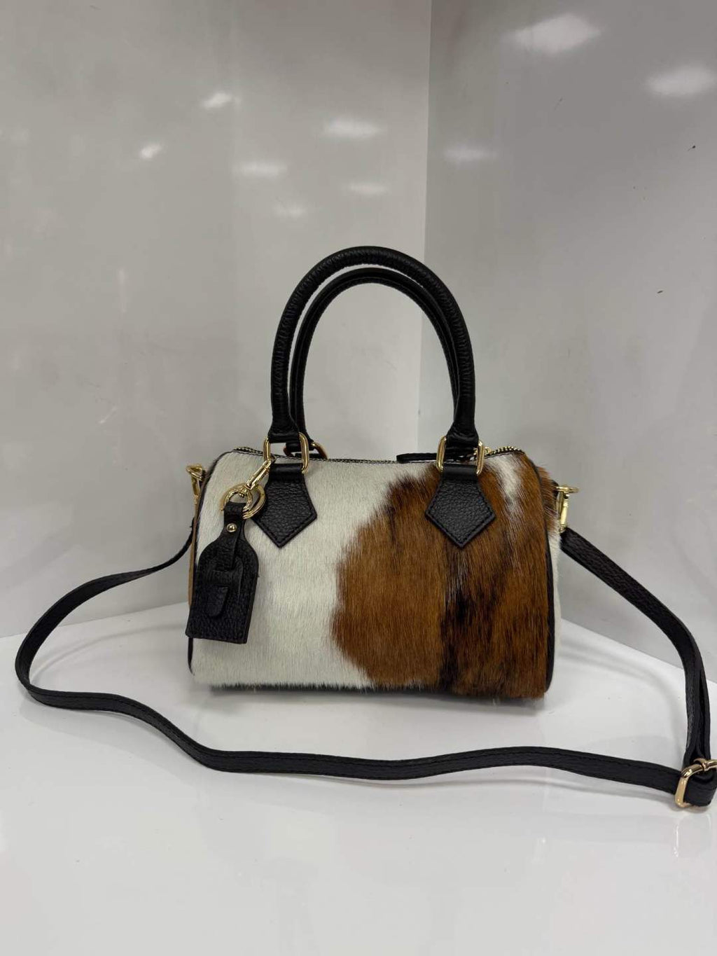 ST135 Cow Print Pony Hair Barrel Bag