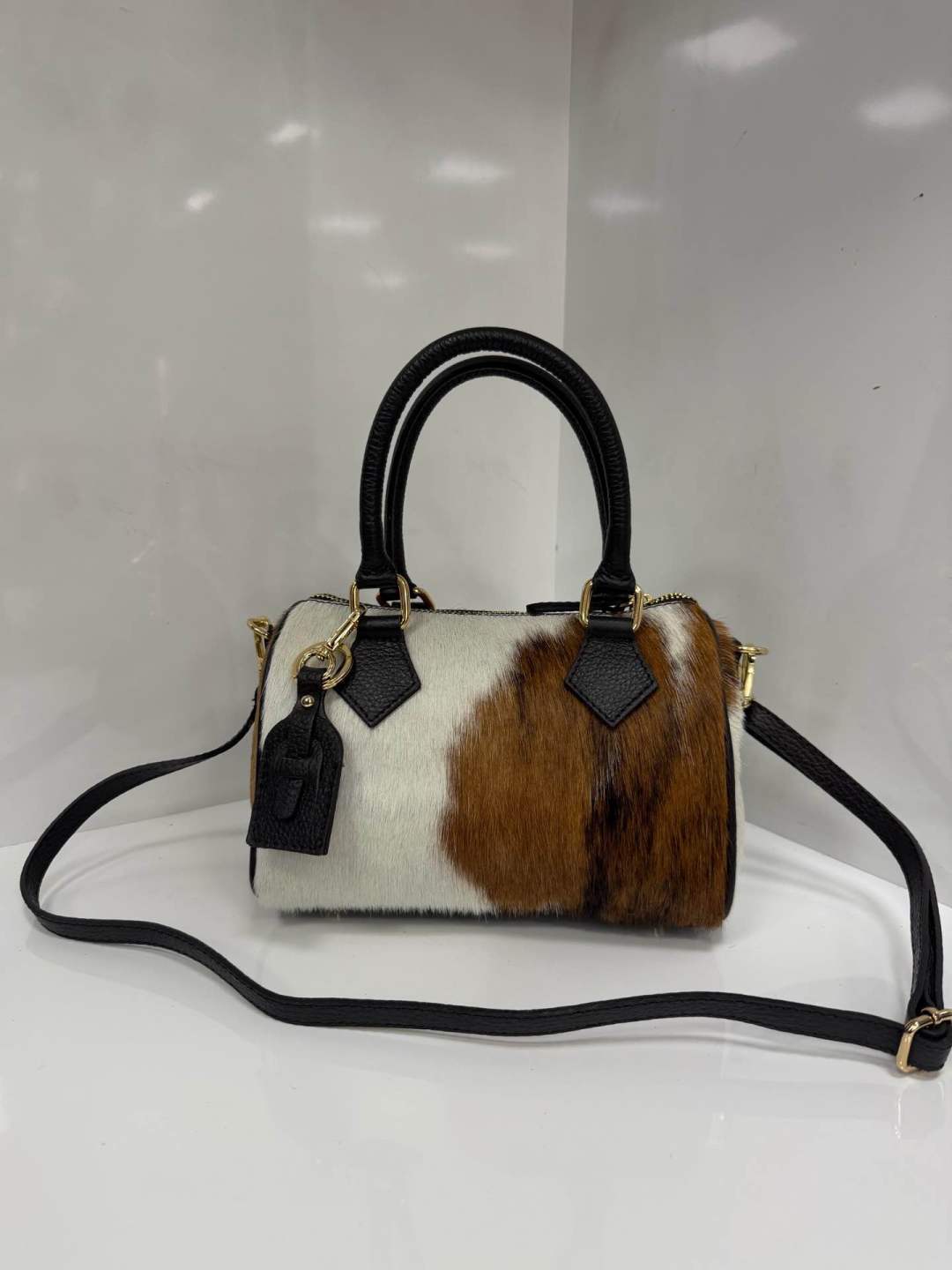 ST135 Cow Print Pony Hair Barrel Bag