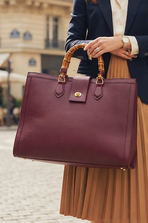 ZZ090 Burgundy XL Bamboo Handle Handbag