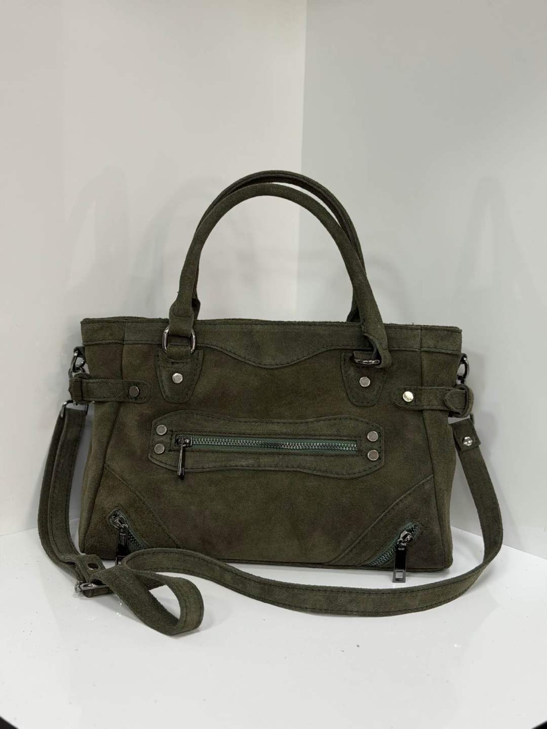 ST146 Olive Green Suede Top Handle Bag