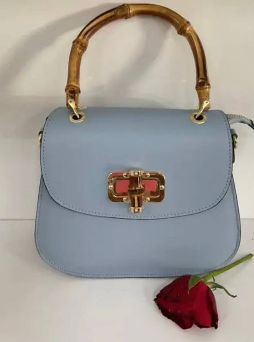 STBBL Blue Italian Leather Crossbody Bag w/Bamboo Handles