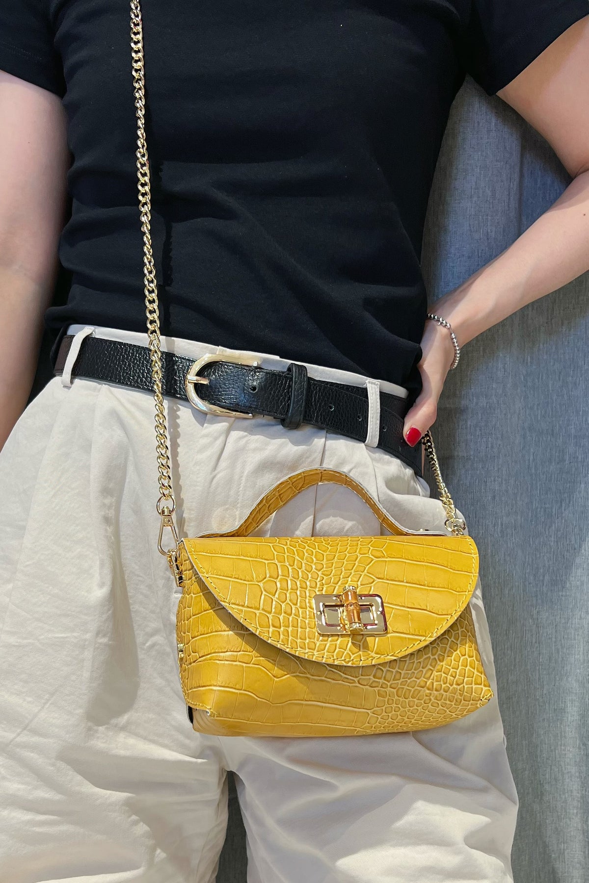 ZZ027 Mustard Croco Chain Crossbody Bag