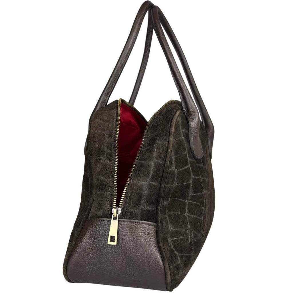 Mi168 Dark Brown Croco-Print Suede Bowling Bag