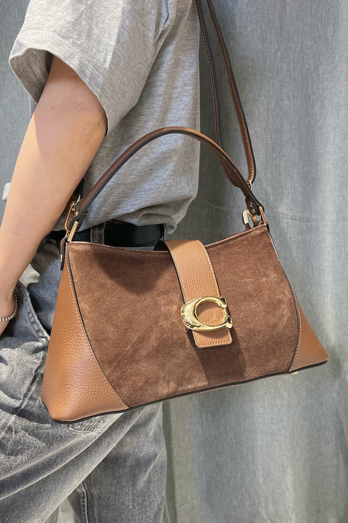 ZZ171 Cognac Leather Suede Shoulder Bag