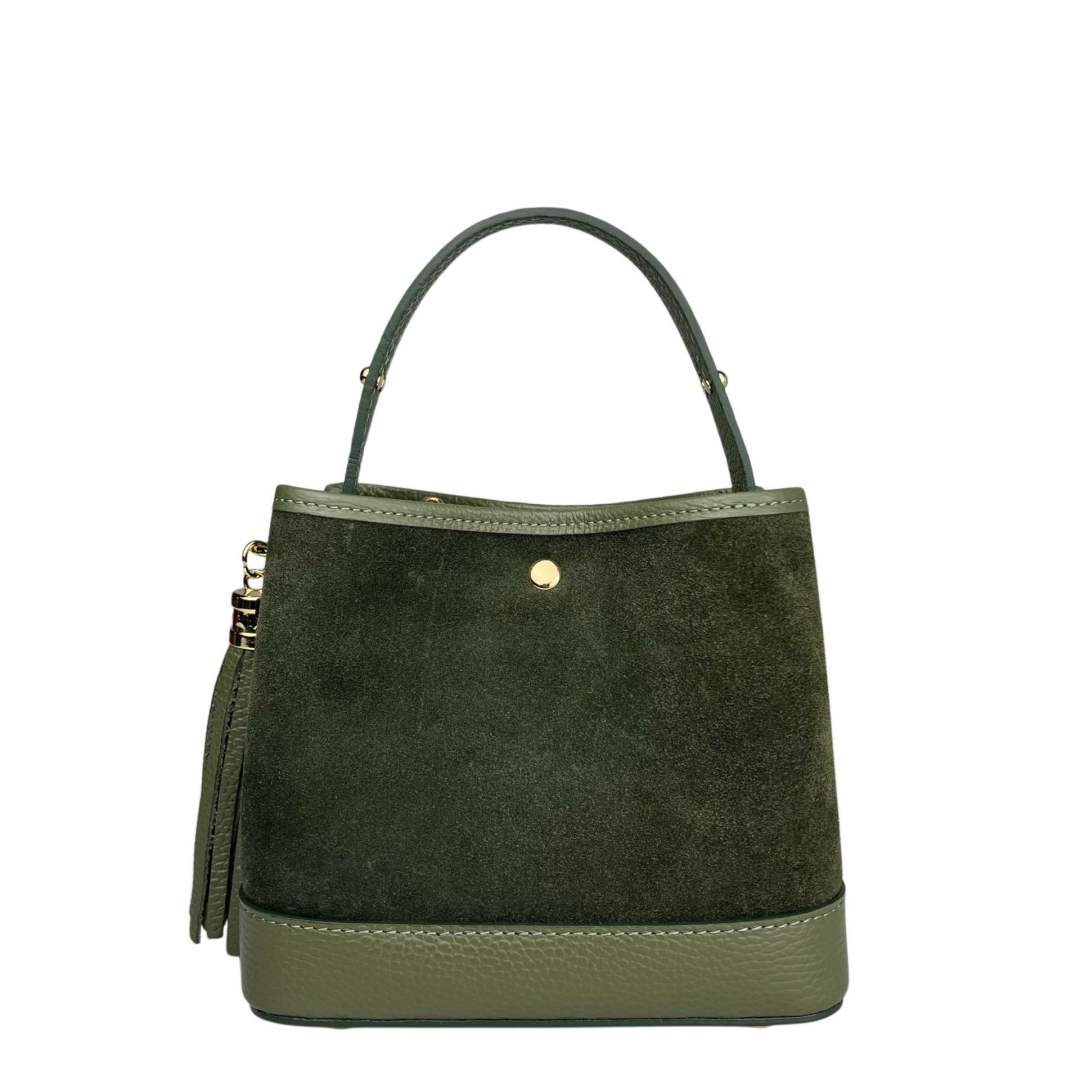 Mi142 Olive Tasseled Suede Bucket Bag