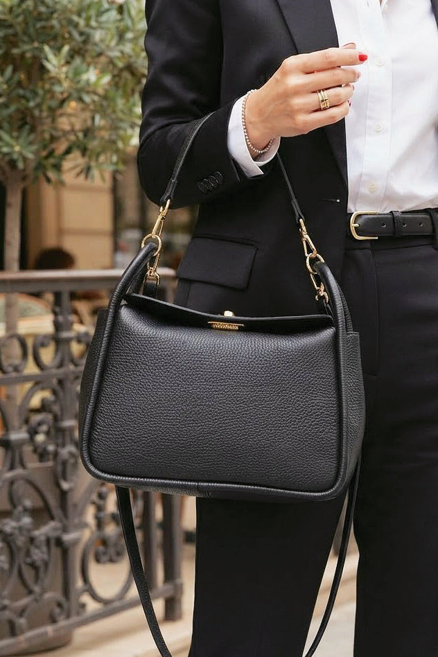 ZZ155 Black Leather Top Handle Bag