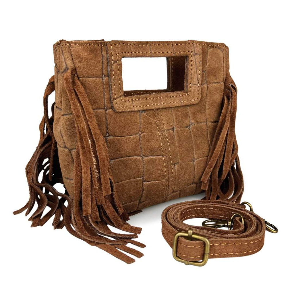 Mi261 Brown Suede Croco-Print Fringe Mini