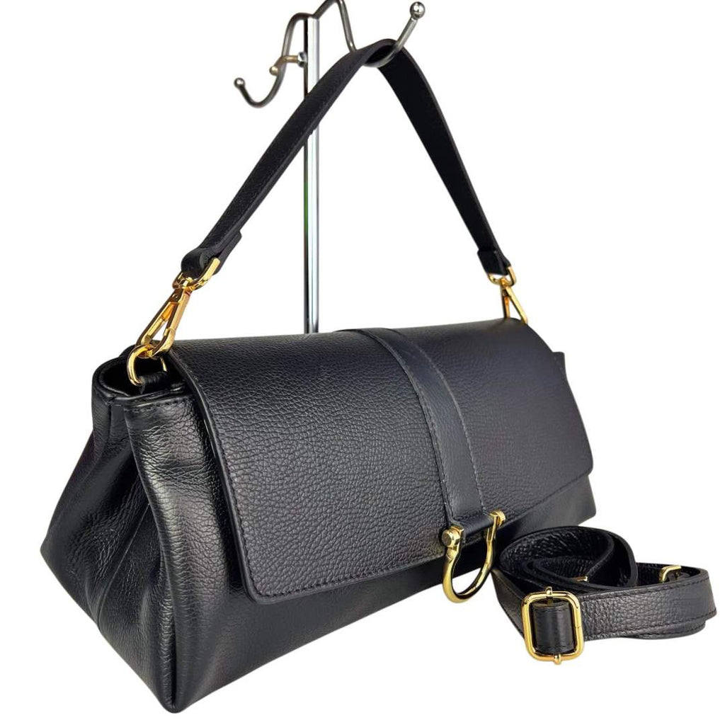 MI605 Black Leather Flap Shoulder Bag