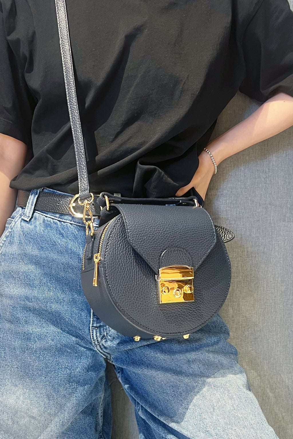 ZZ106 Navy Round Leather Crossbody Bag