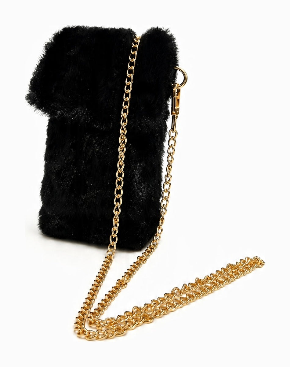 JA015 Black Faux Fur Chain Phone Bag