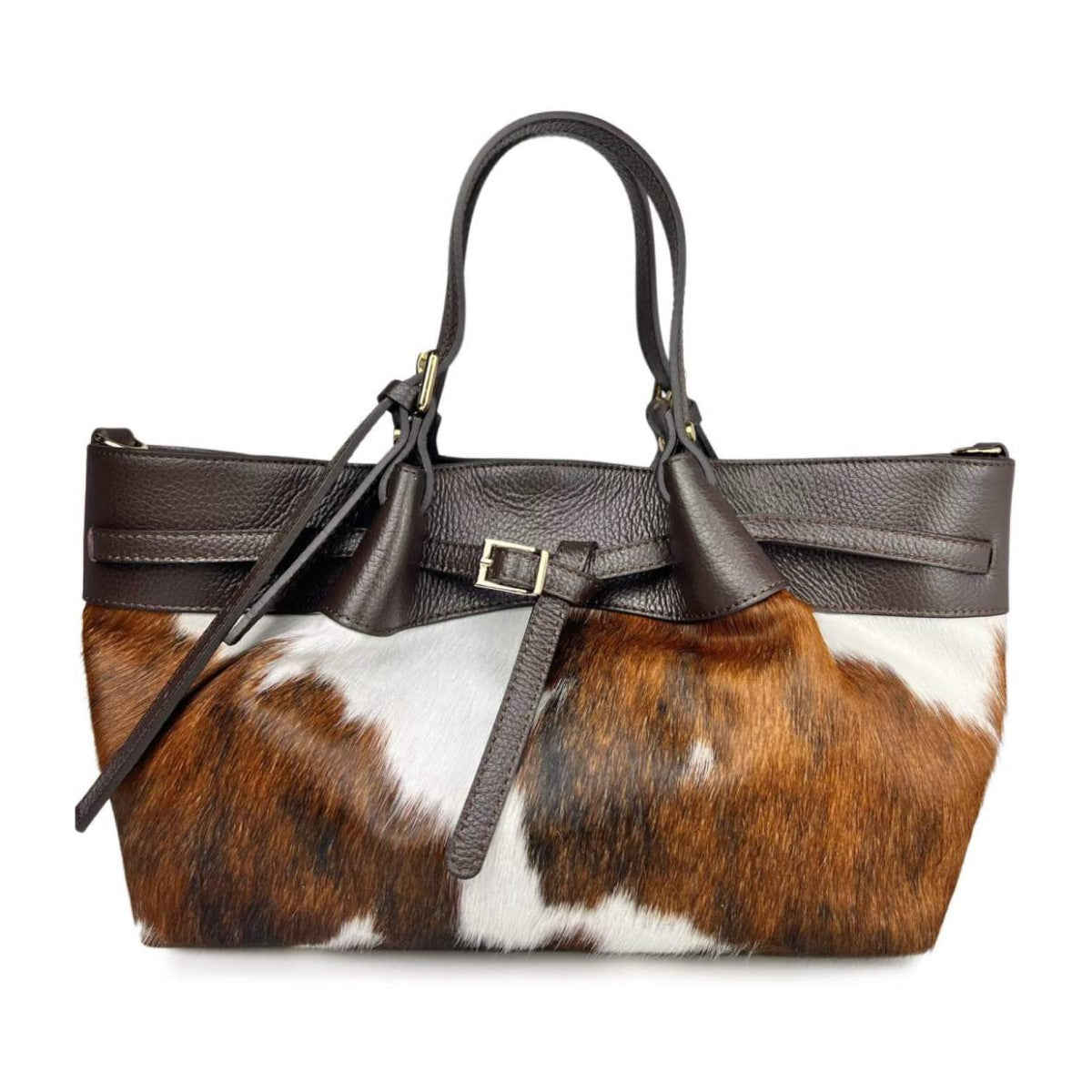 MI638 Cow Print Pony Hair Belted Tote Bag