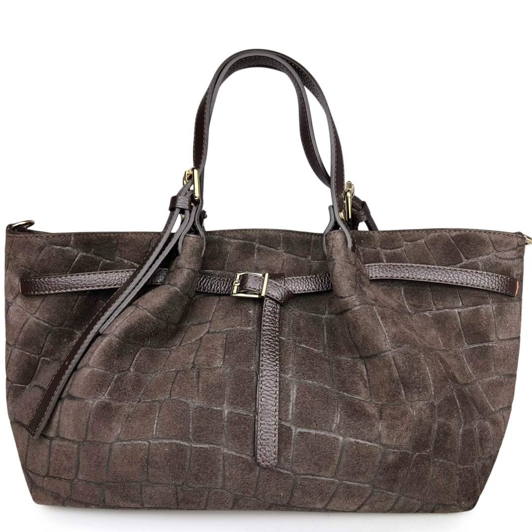 Mi081 Dark Brown Croco-Print Suede Tote