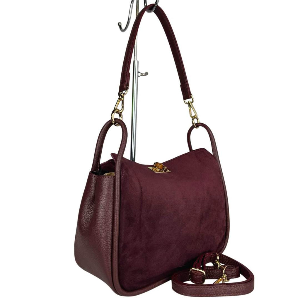 MI512 Burgundy Suede Bamboo Clasp Bag