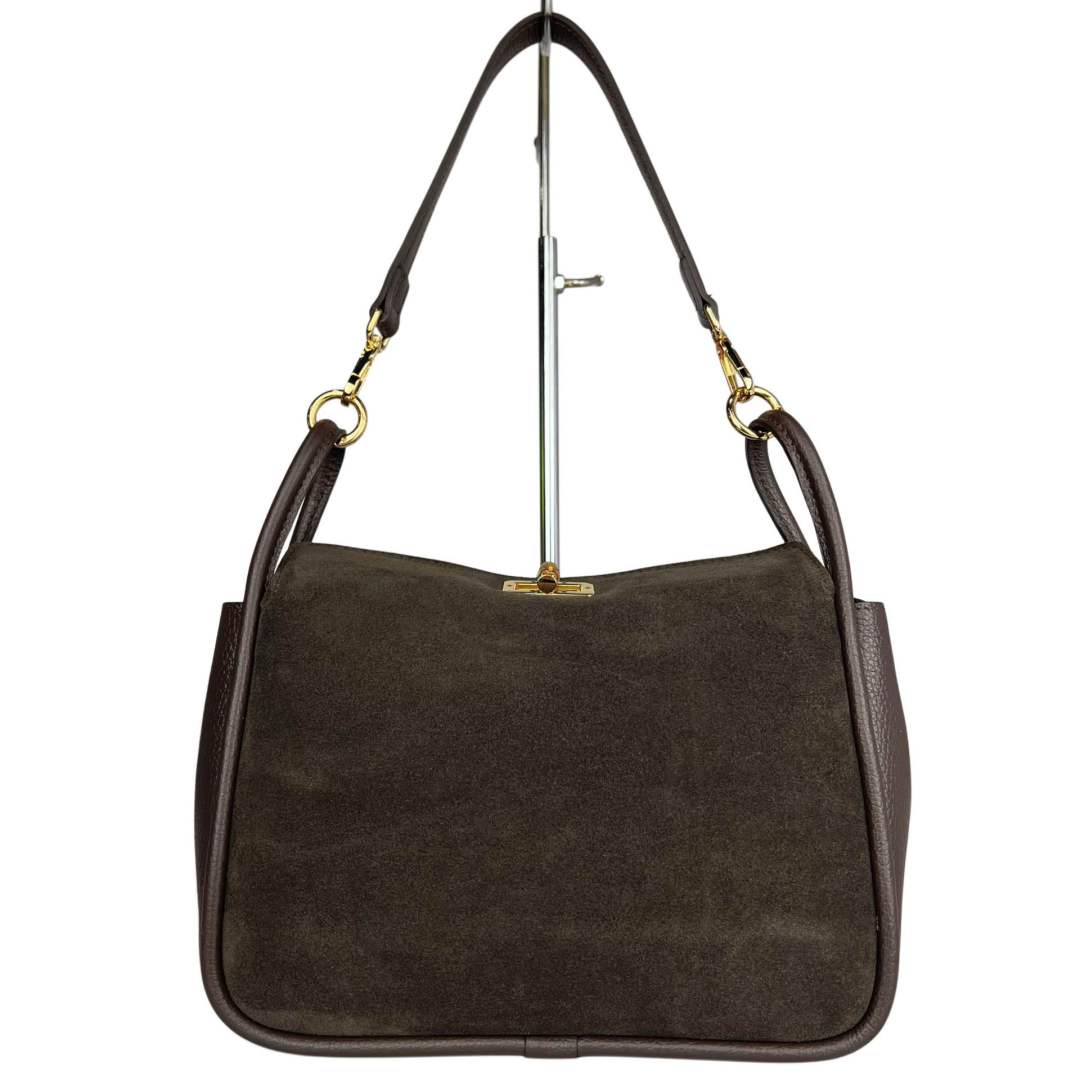 MI514 Dark Brown Suede Bamboo Clasp Bag