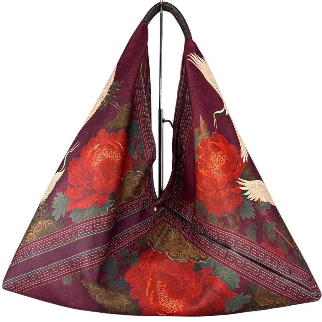 MI499 Burgundy Crane & Peony Print Triangle Bag