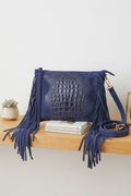 ZZ095 Navy Croco Suede Fringe Crossbody Bag