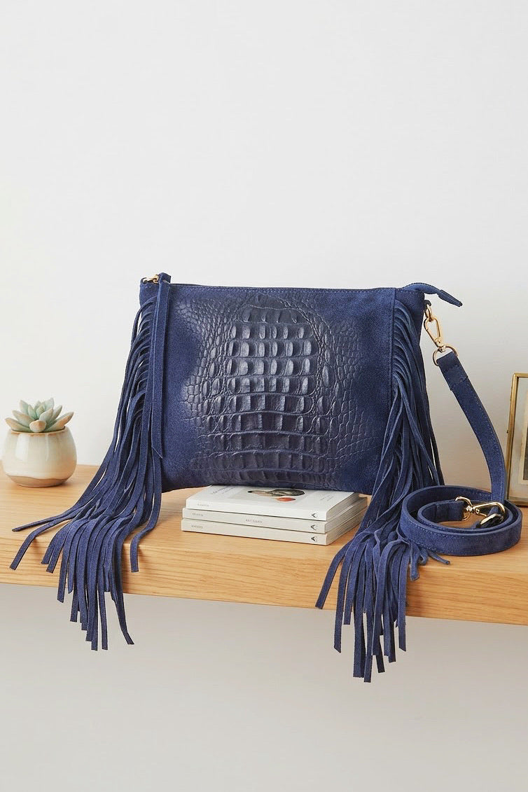 ZZ095 Navy Croco Suede Fringe Crossbody Bag