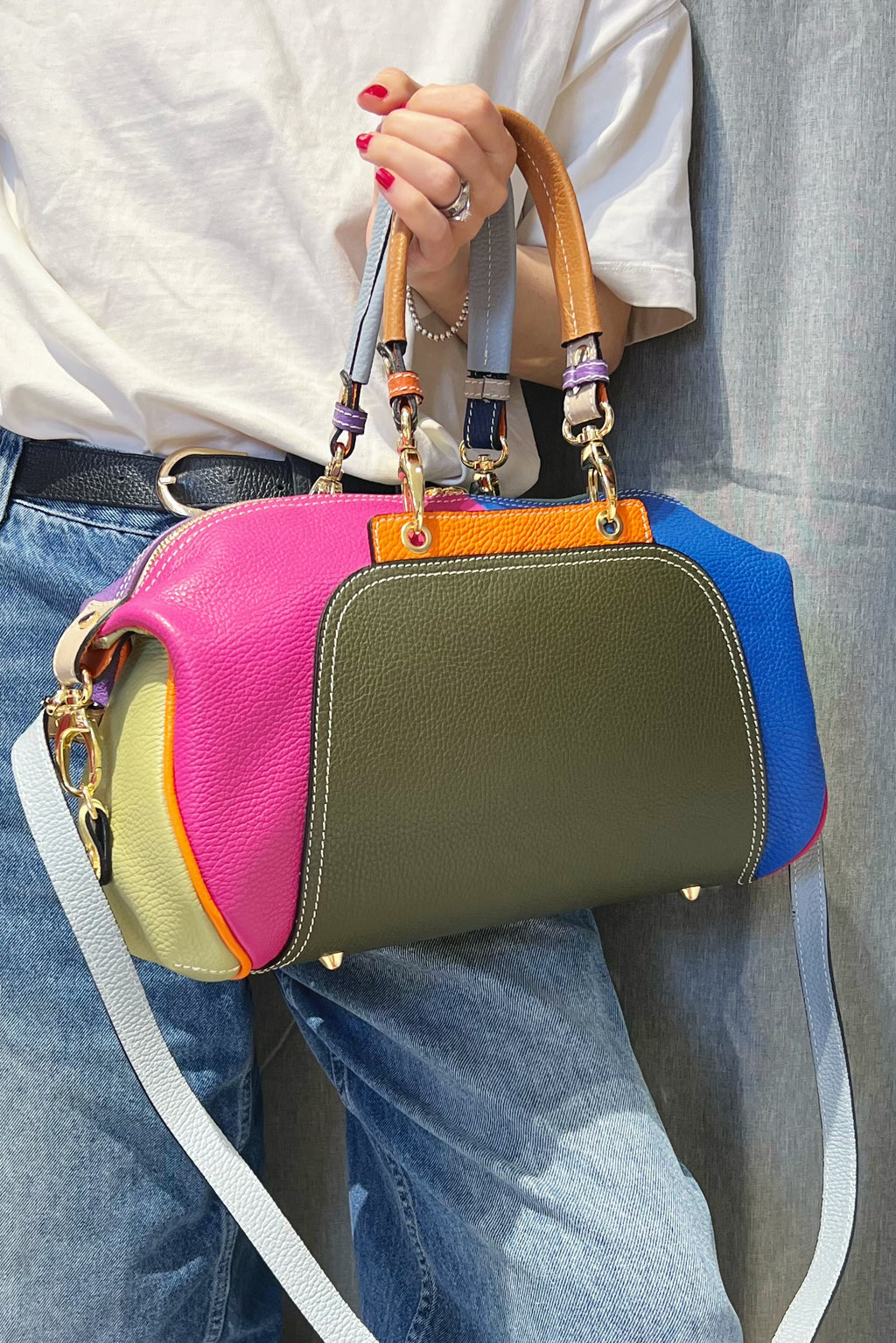 ZZ046 Khaki Multicolor Leather Handbag