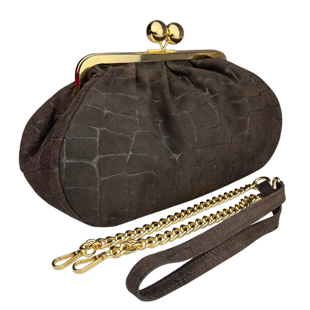 Mi273 Dark Brown Suede Croco-Print Clip Clutch