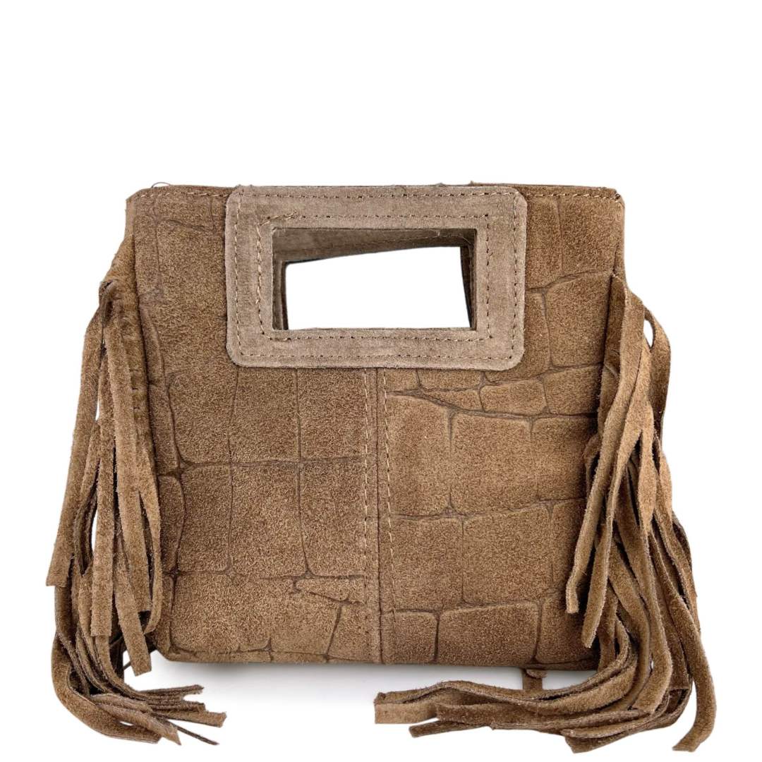 Mi264 Taupe Suede Croco-Print Fringe Mini