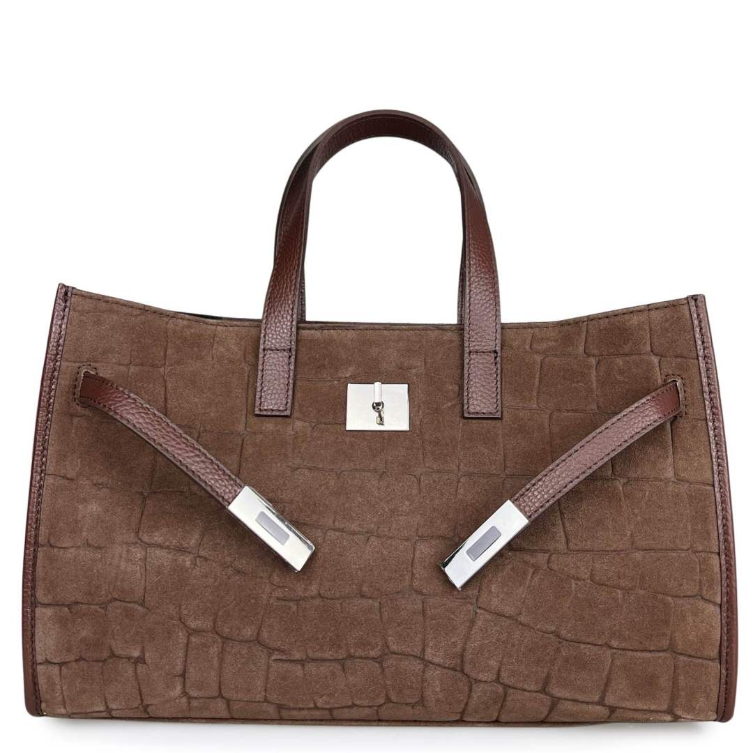 Mi133 Mocha Croco-Print Suede Tote