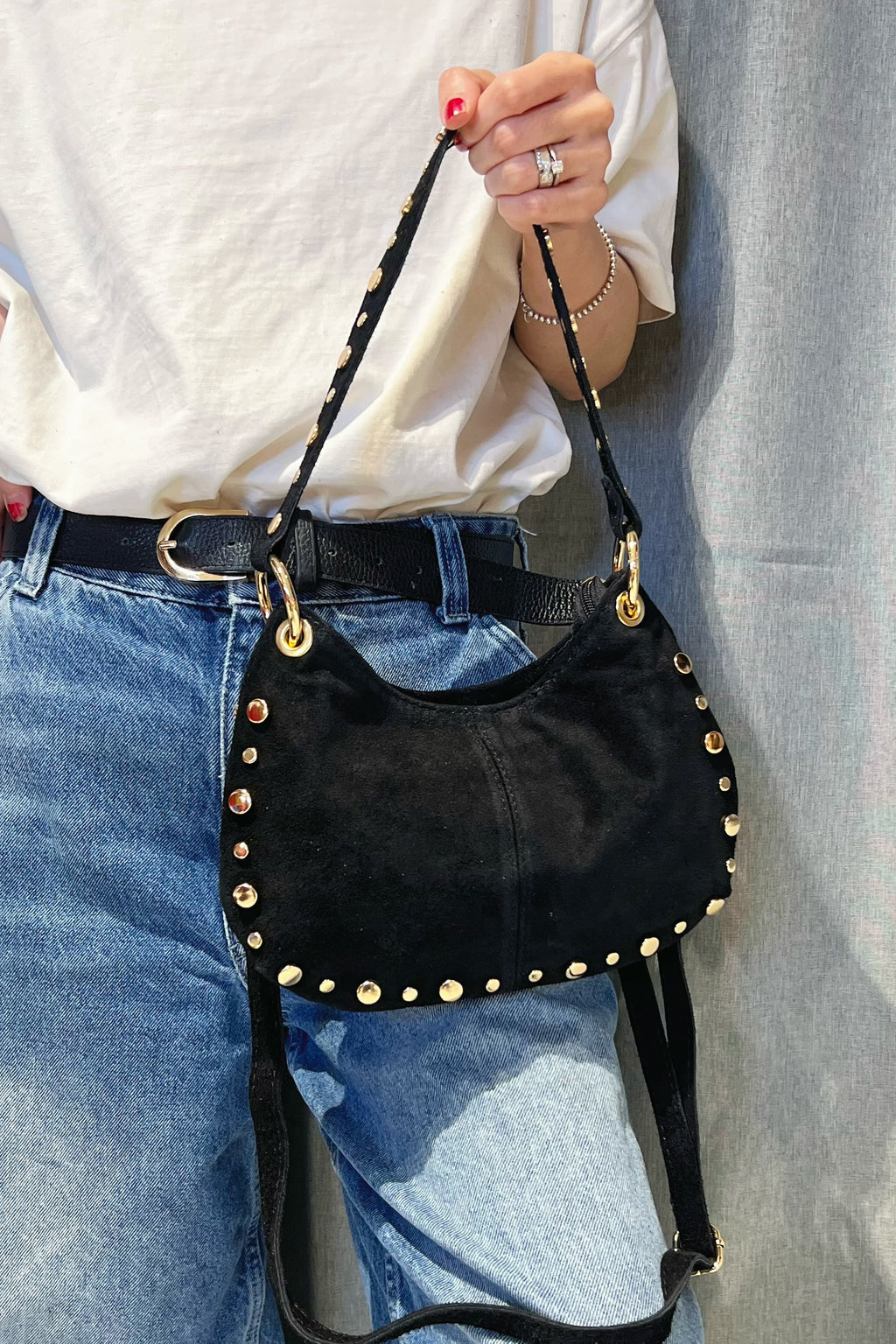 ZZ114 Black Studded Suede Handbag