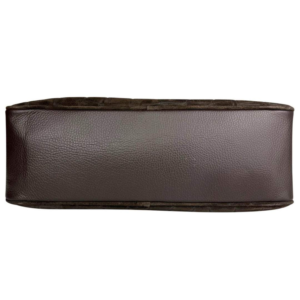 Mi168 Dark Brown Croco-Print Suede Bowling Bag