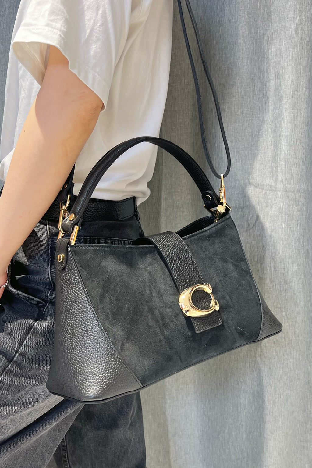 ZZ032 Black Leather Suede Shoulder Bag