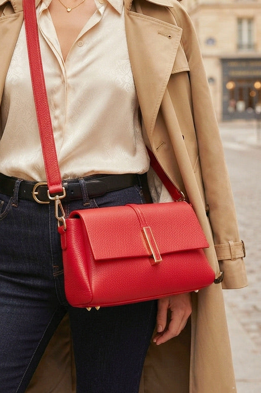 ZZ147 Bright Red Leather 3-Compartment Crossbody Bag