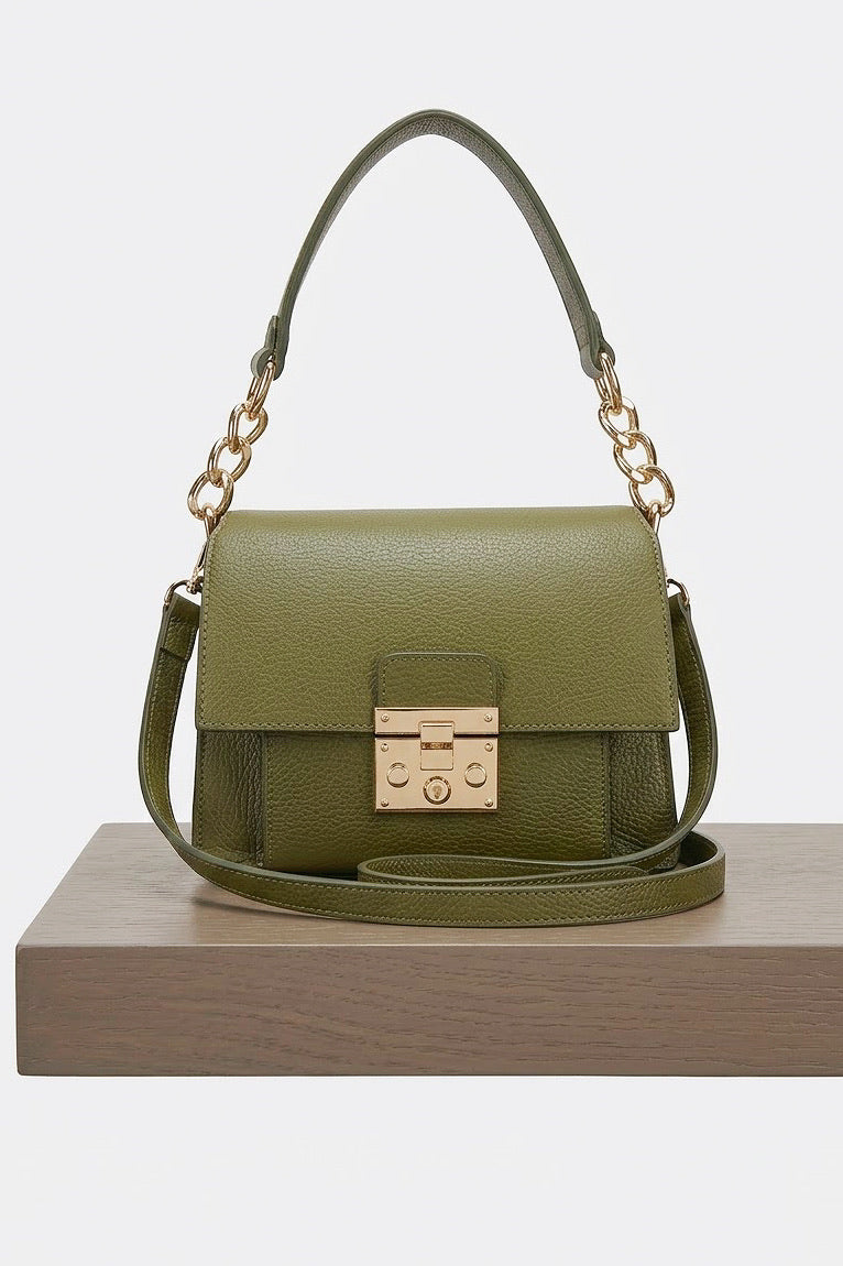 ZZ191 Khaki Grained Leather Top Handle Bag