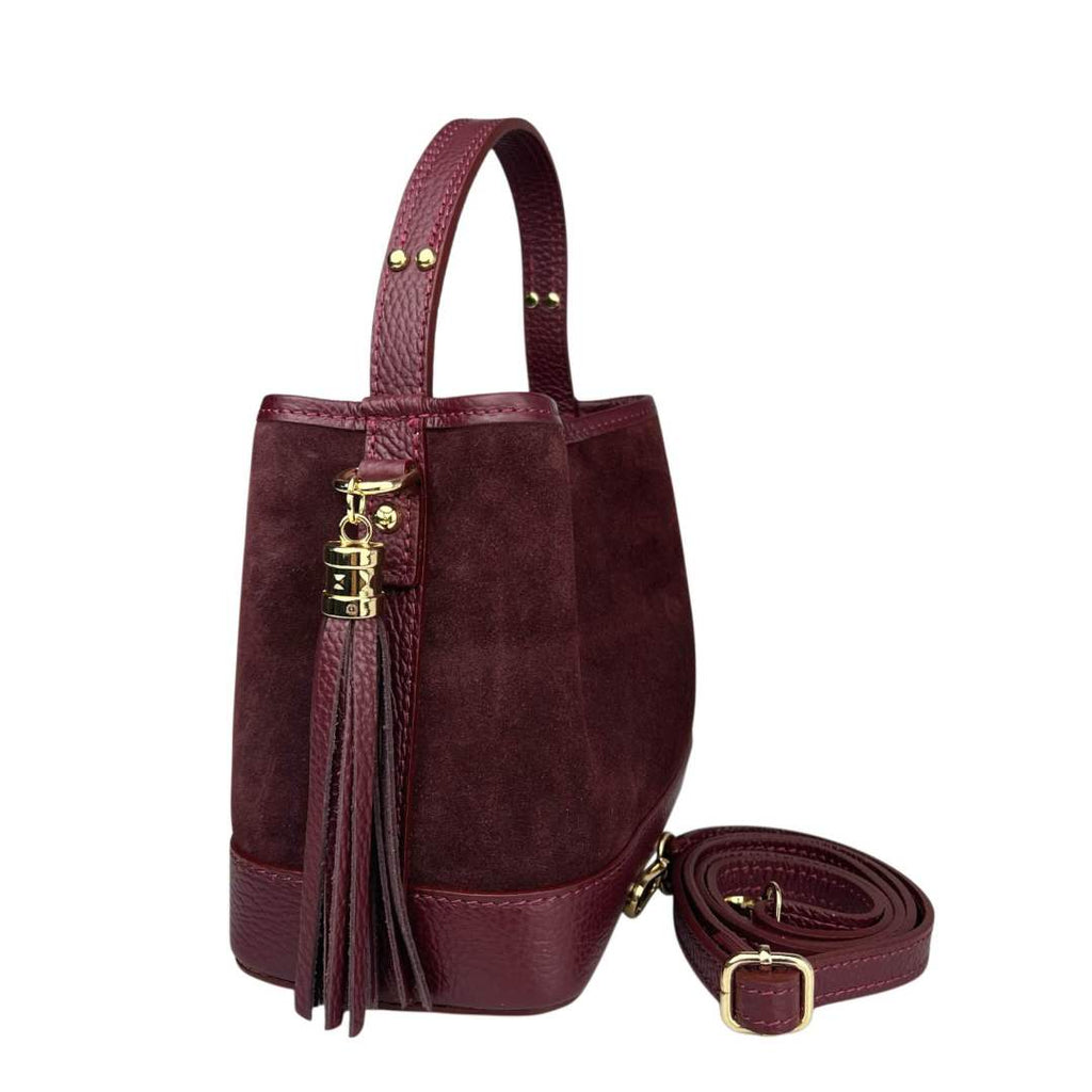 Mi141 Burgundy Tasseled Suede Bucket Bag