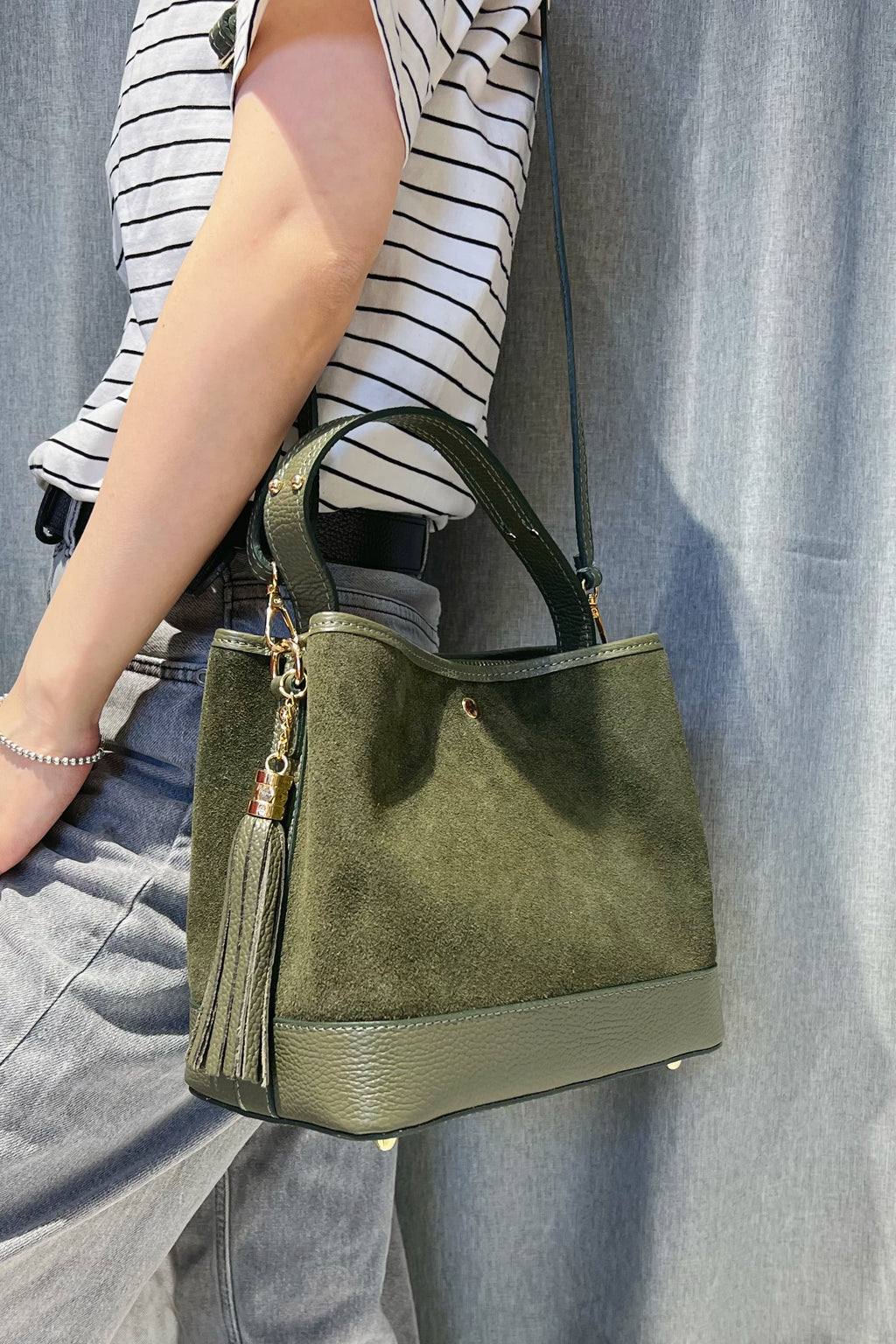 ZZ066 Khaki Leather Suede Bucket Bag