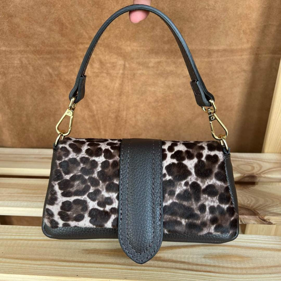 MI557 Taupe Leopard Print Pony Hair Mini Flap Bag