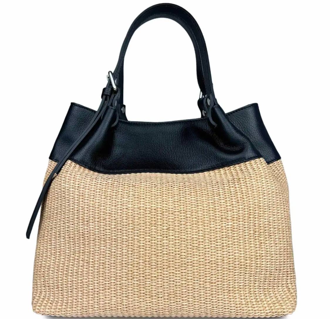 MIBBL Black Chic rectangular woven and leather tote bag