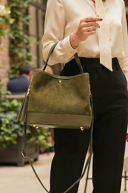 ZZ066 Khaki Leather Suede Bucket Bag