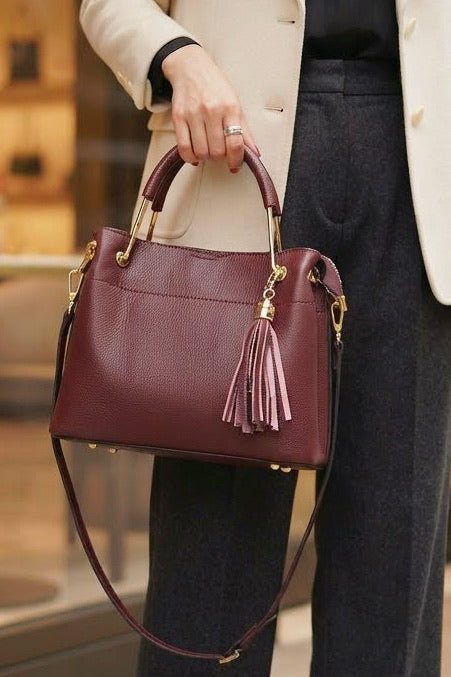 ZZ076 Burgundy Leather 3-Compartment Handbag