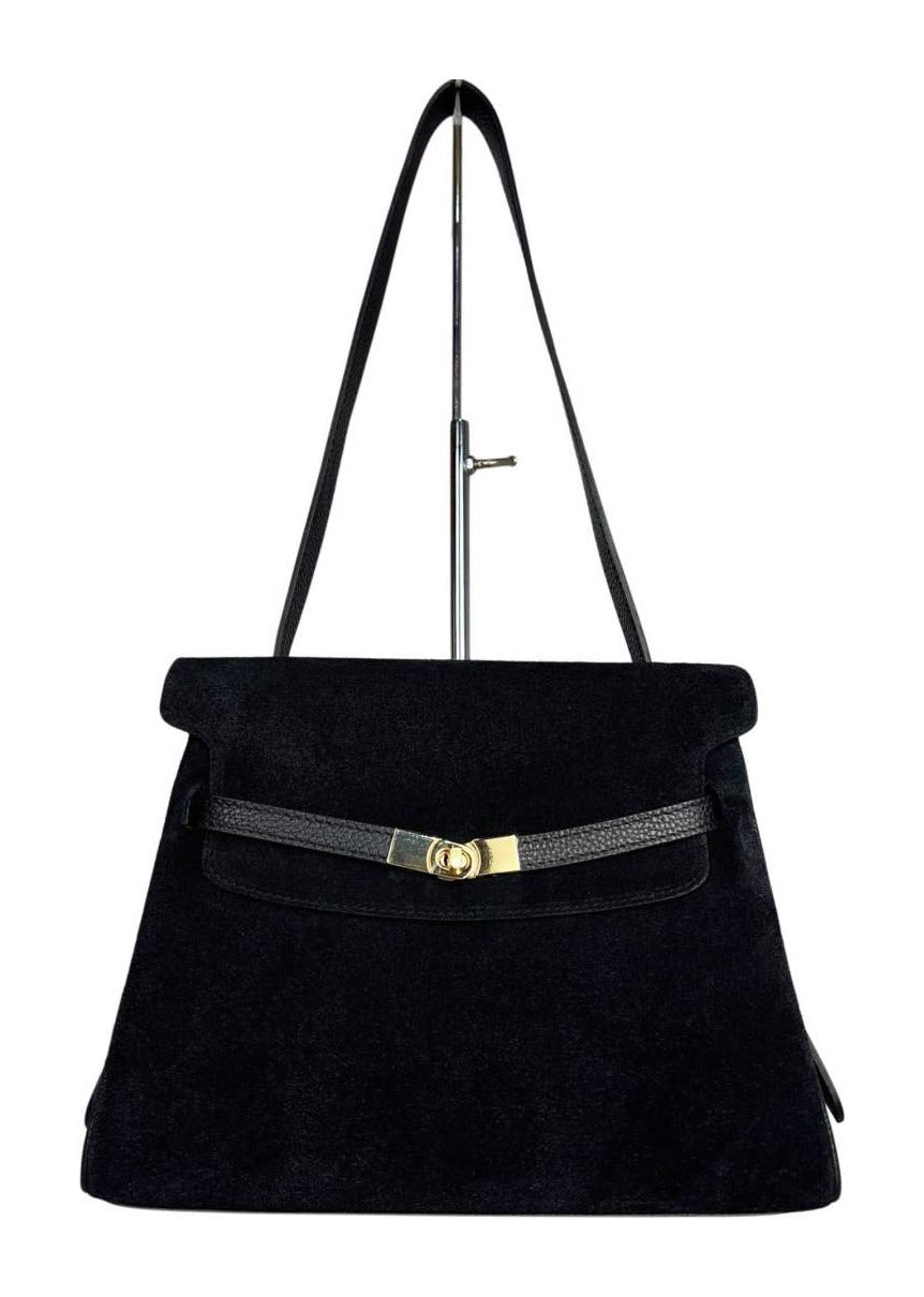 MI581 Black Suede Belted Shoulder Bag