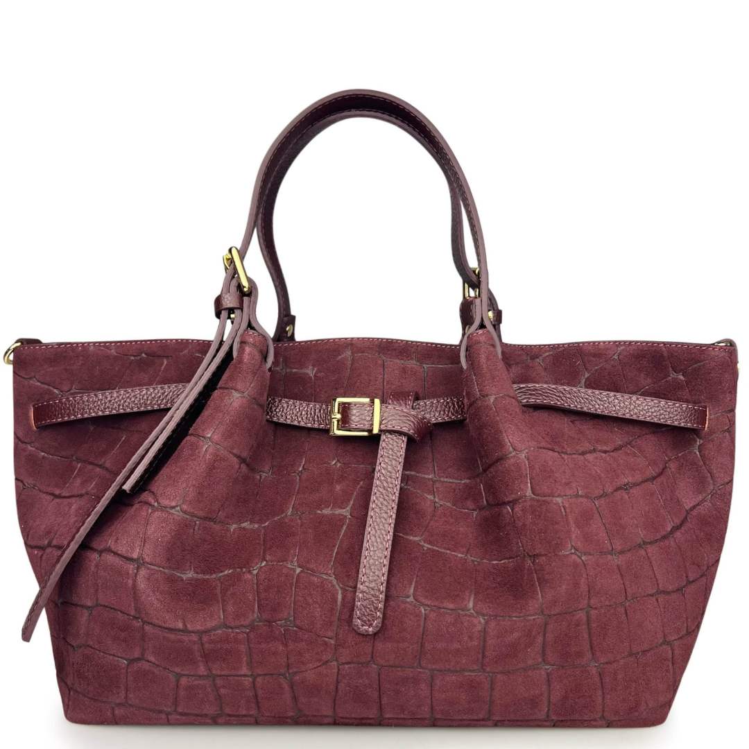 Mi082 Burgundy Croco-Print Suede Tote