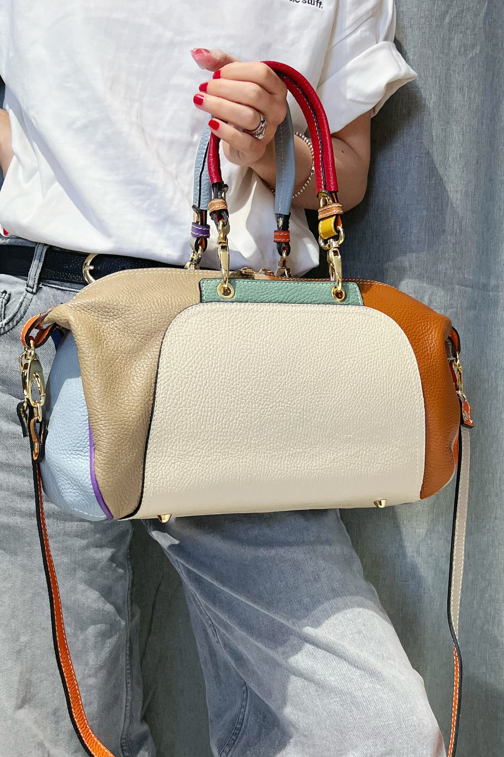 ZZ048 Beige Multicolor Leather Handbag