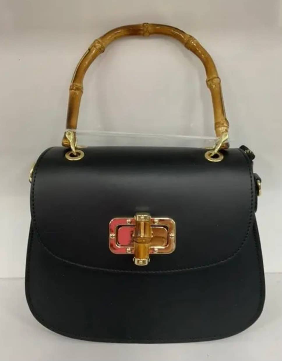 STBLA Black Italian Leather Crossbody Bag w/Bamboo Handles