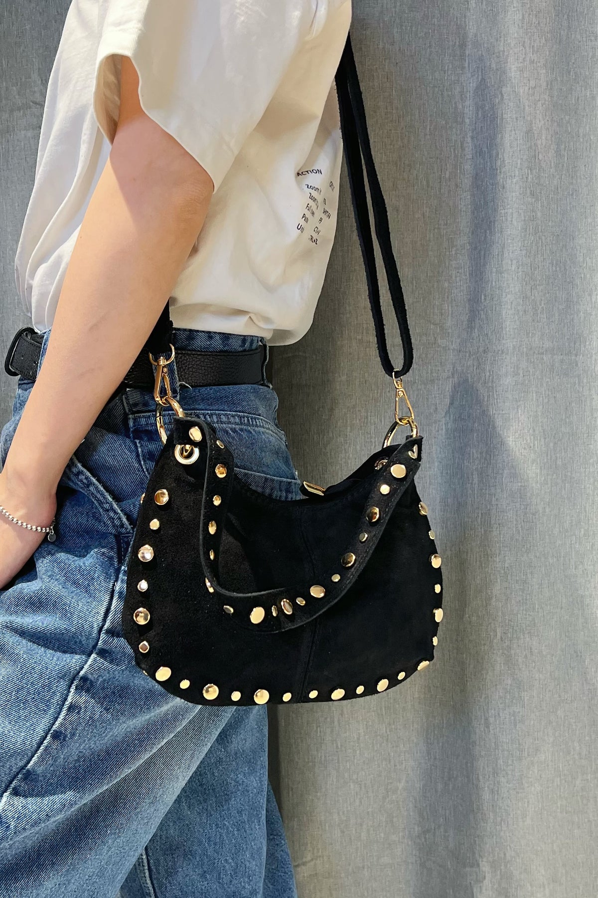 ZZ114 Black Studded Suede Handbag