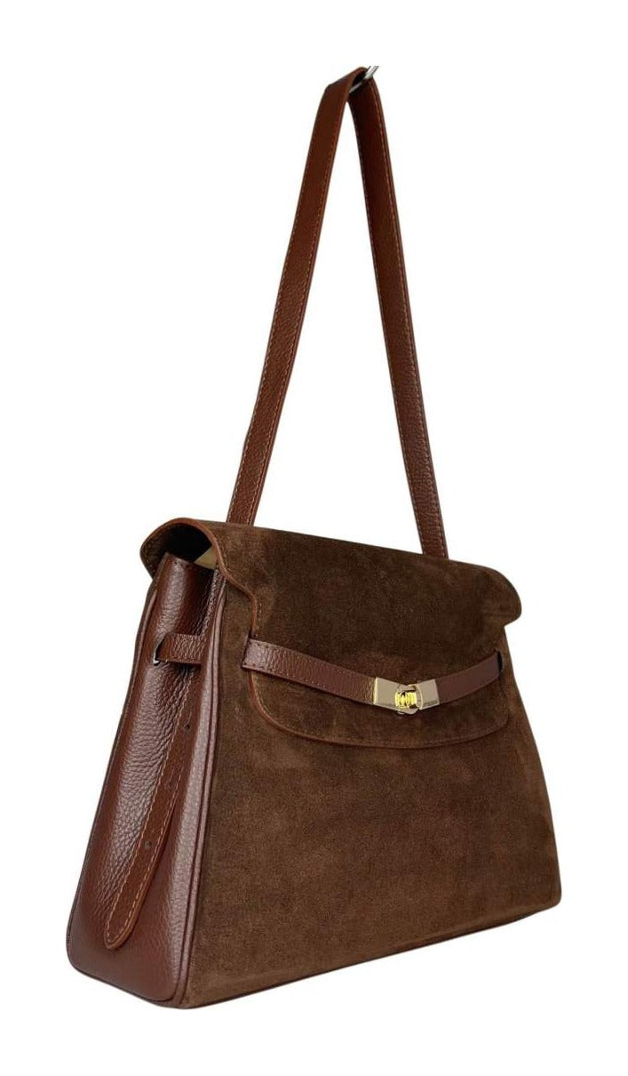 MI576 Mocha Suede Belted Shoulder Bag